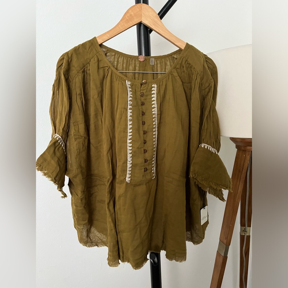 NWT FREE PEOPLE FP ONE Alexi Stitched Top | Green MSRP $88 Oversized - Picture 3 of 7